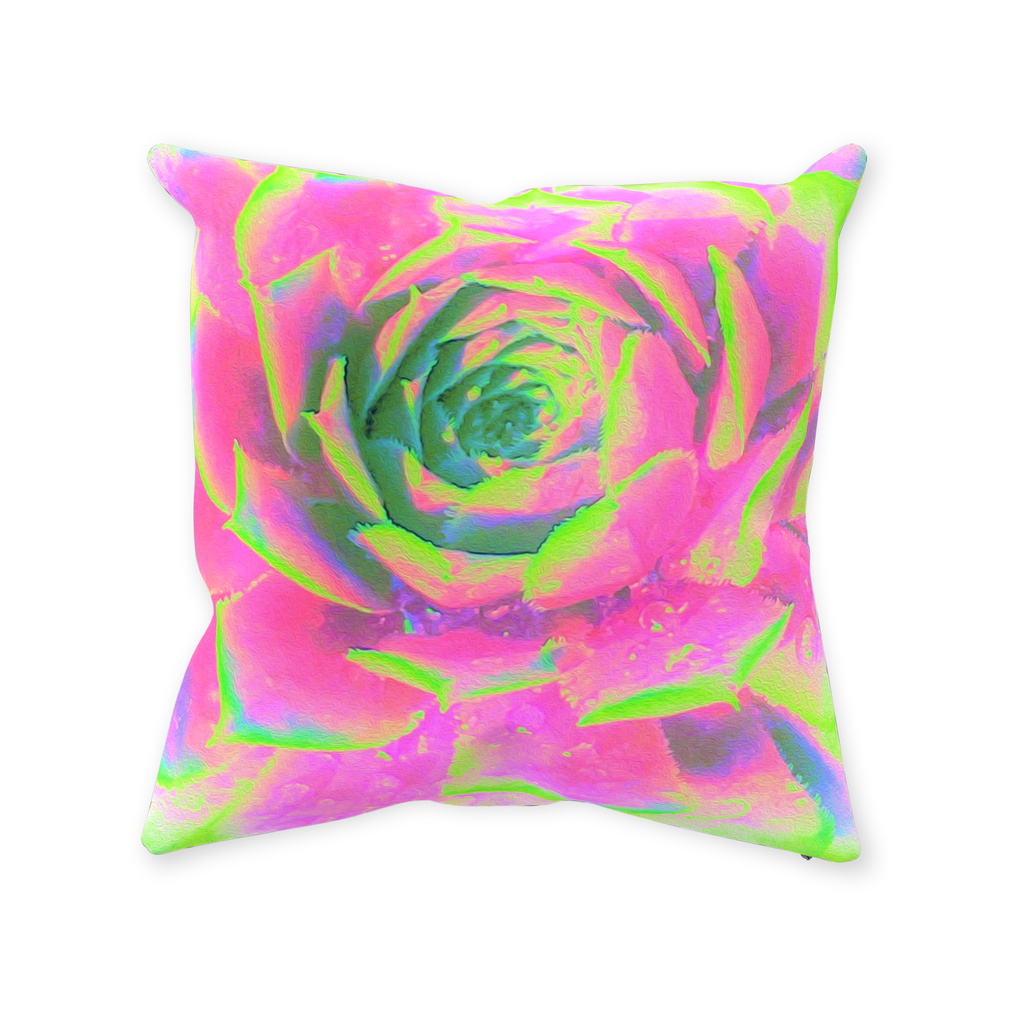 Decorative Throw Pillows, Lime Green and Pink Succulent Sedum Rosette, Square