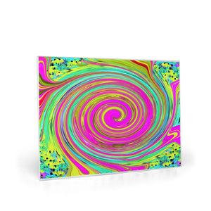 Glass Cutting Board, Groovy Abstract Pink and Turquoise Swirl with Flowers