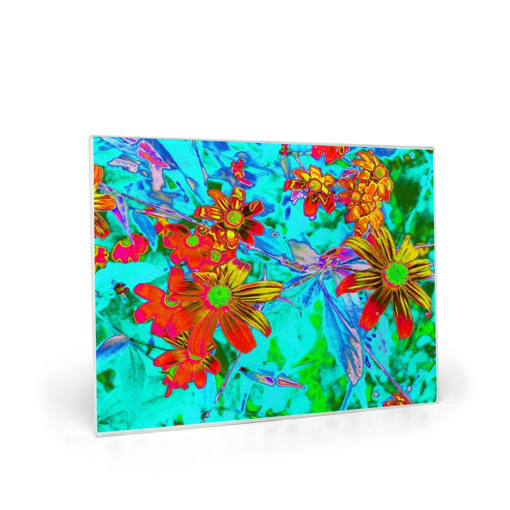 Glass Cutting Boards, Aqua Tropical with Yellow and Orange Flowers