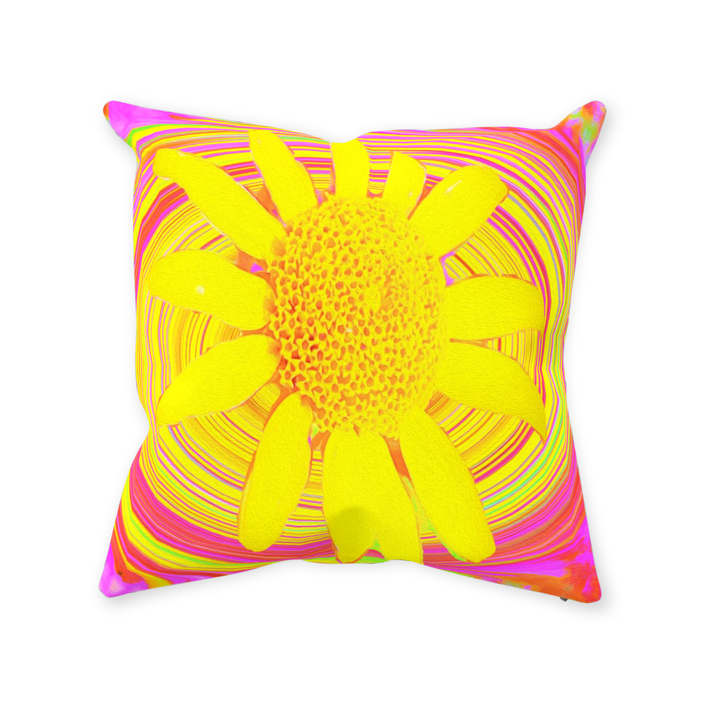 Decorative Throw Pillows, Yellow Sunflower on a Psychedelic Swirl