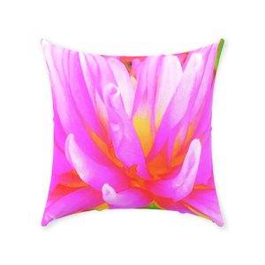 Decorative Throw Pillows, Fiery Hot Pink and Yellow Cactus Dahlia Flower