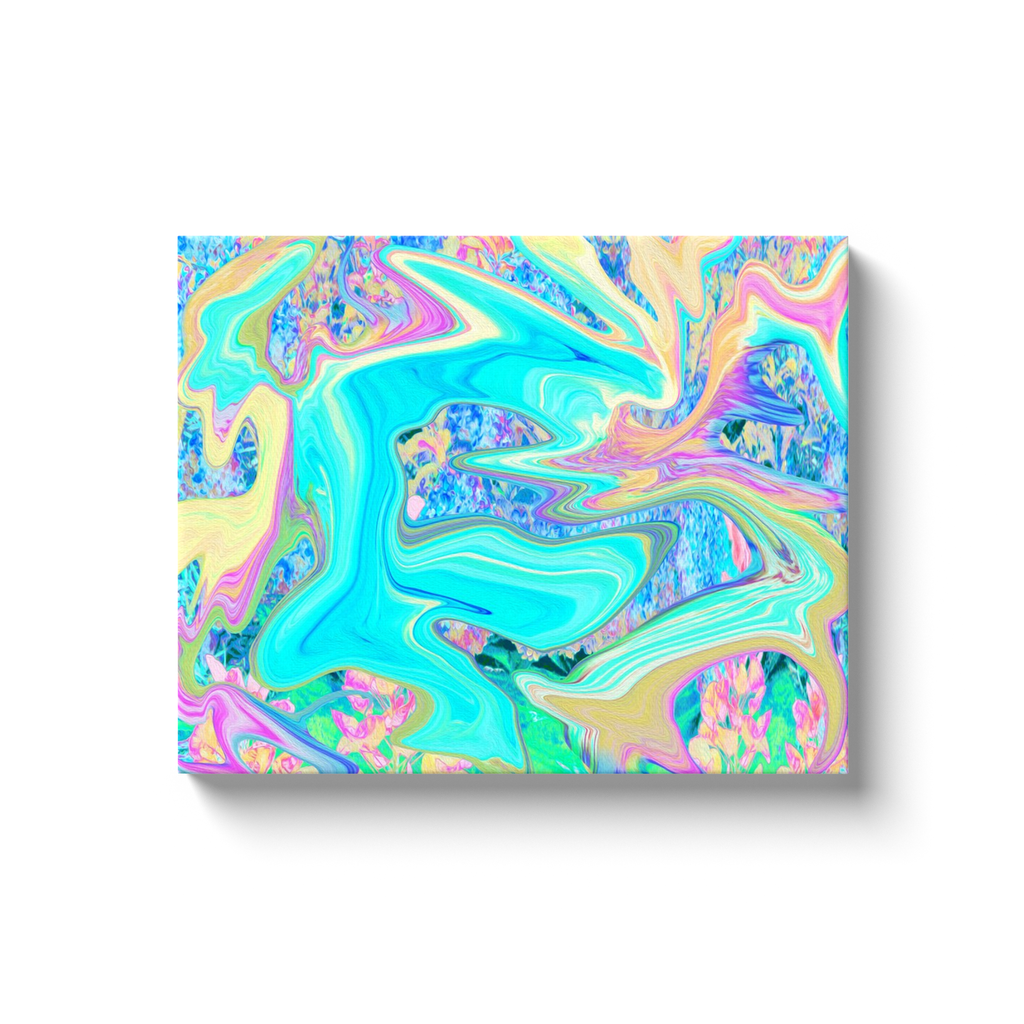 Canvas Wrapped Art Prints, Retro Aqua Blue Liquid Art on Abstract Hydrangeas