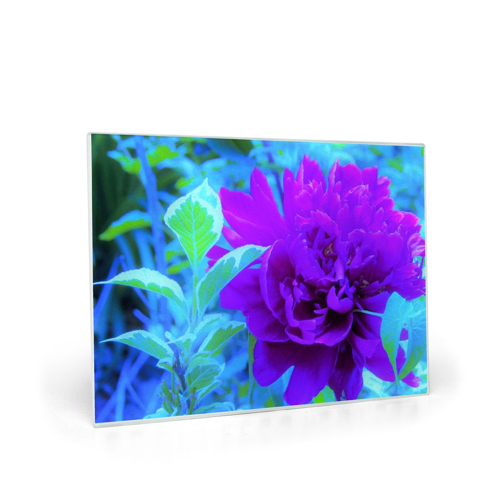 Glass Cutting Board, Moody Purple Peony with Beautiful Weigela Foliage