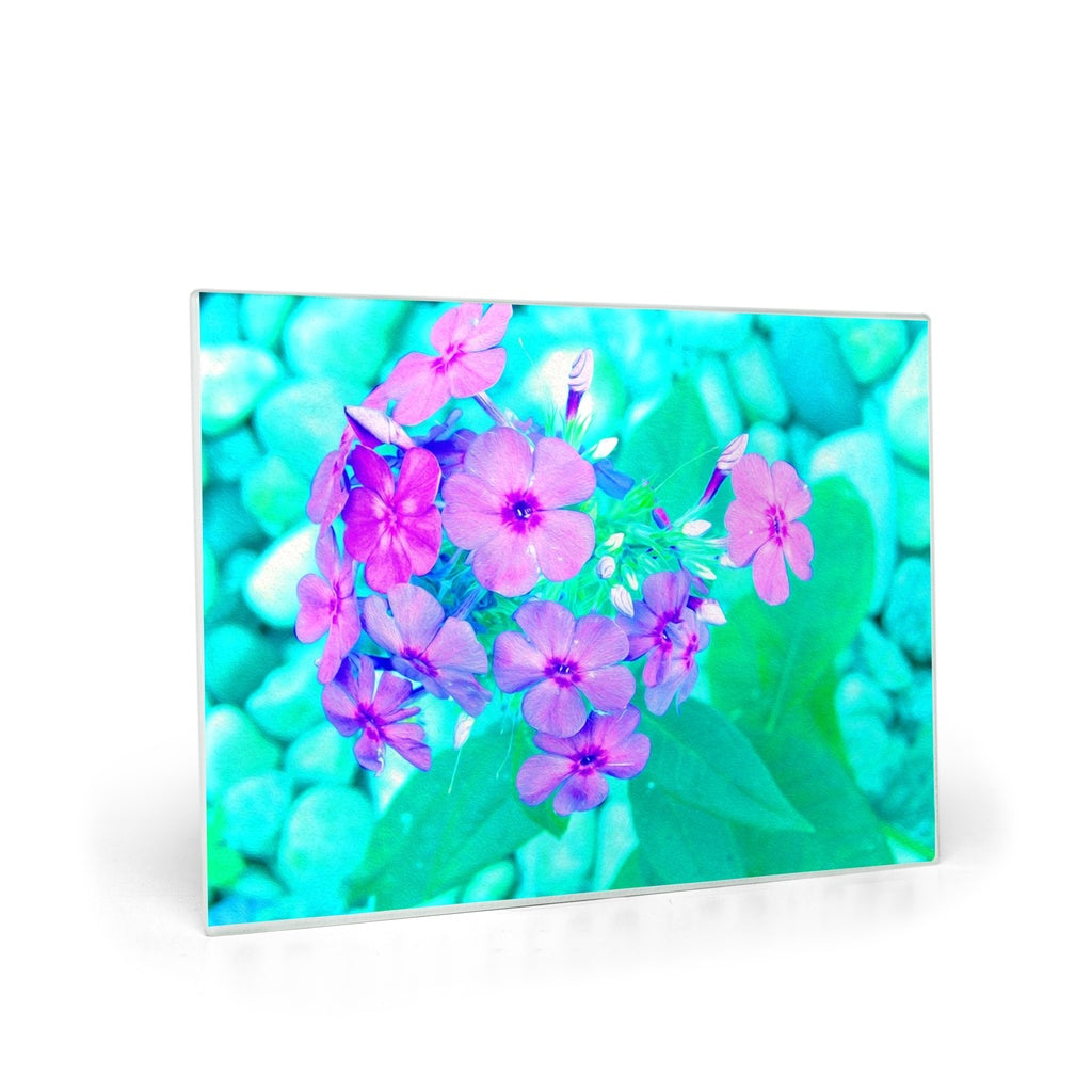 Glass Cutting Board, Pretty Pink Garden Phlox Flower on Aquamarine