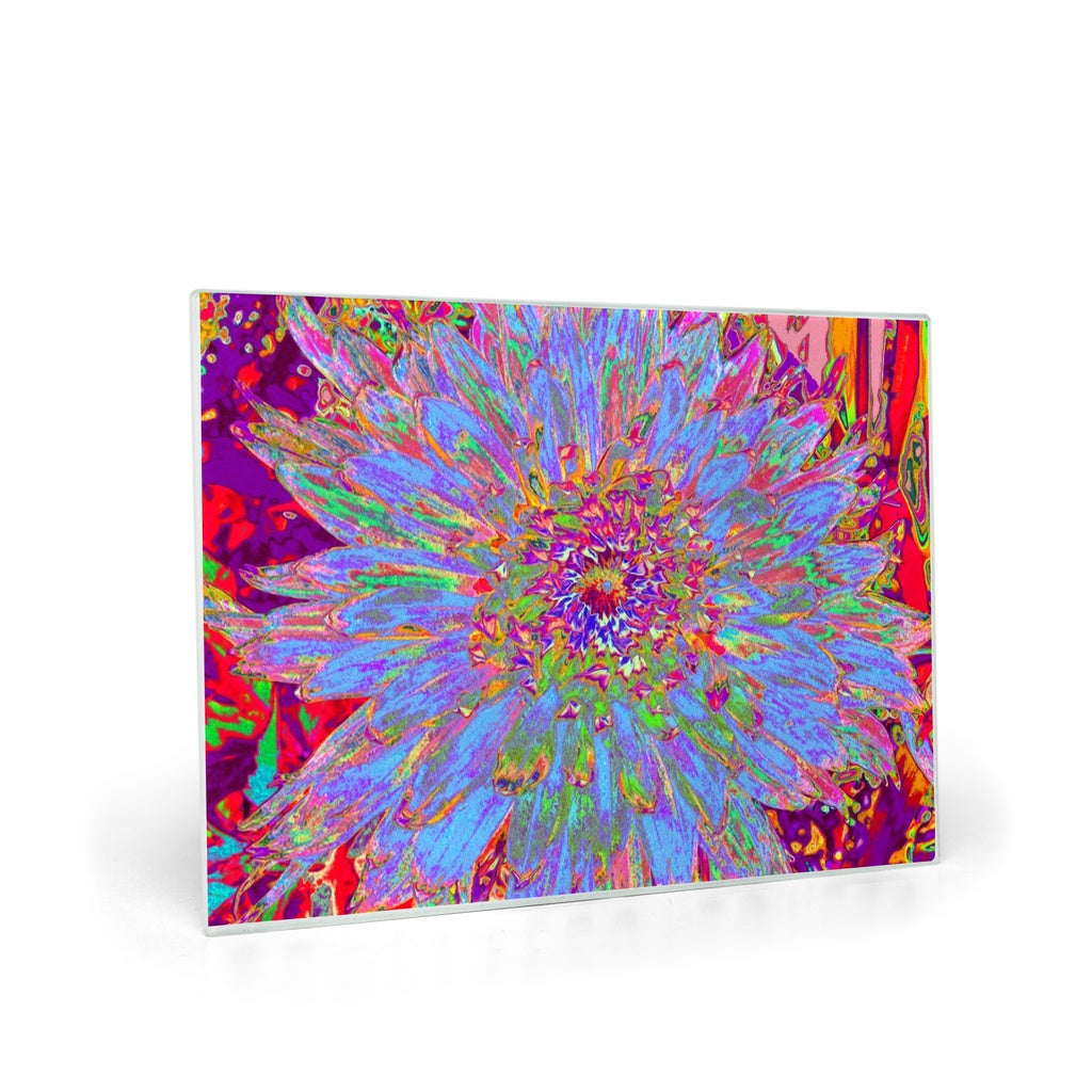 Glass Cutting Boards, Psychedelic Groovy Blue Abstract Dahlia Flower