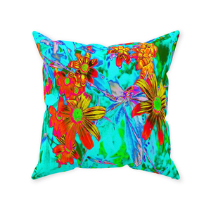 Decorative Throw Pillows, Aqua Tropical with Yellow and Orange Flowers, Square