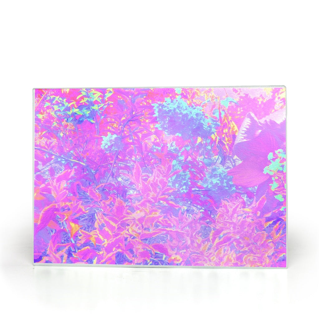 Glass Cutting Board, Pastel Pink and Purple with Blue Hydrangea Landscape