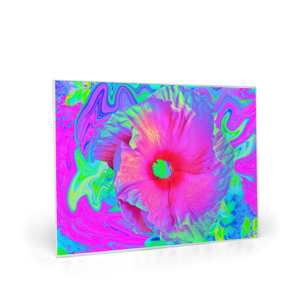 Glass Cutting Board, Psychedelic Pink and Red Hibiscus Flower