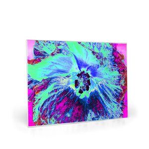 Glass Cutting Boards, Psychedelic Retro Green and Blue Hibiscus Flower