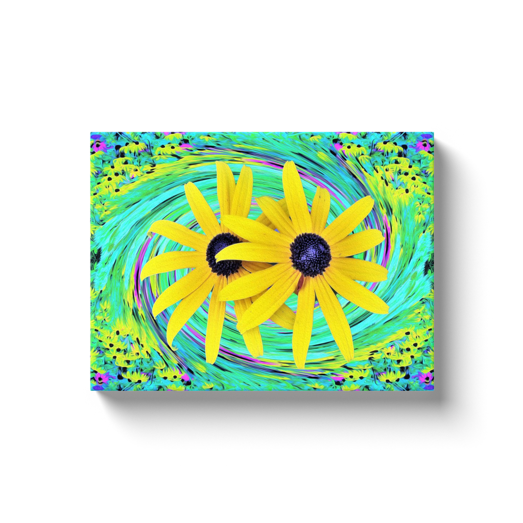 Canvas Wraps, Yellow Rudbeckia Flowers on a Turquoise Swirl