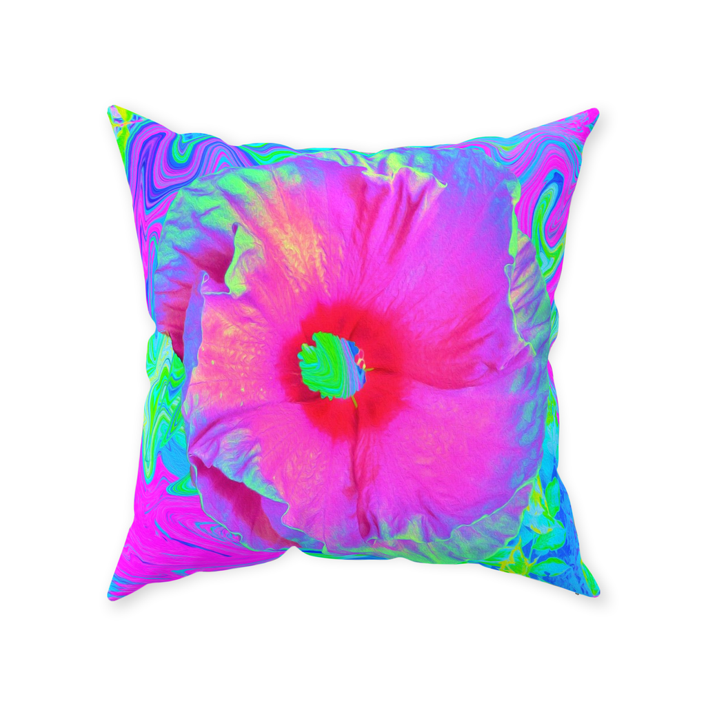Decorative Throw Pillows, Psychedelic Pink and Red Hibiscus Flower - Square