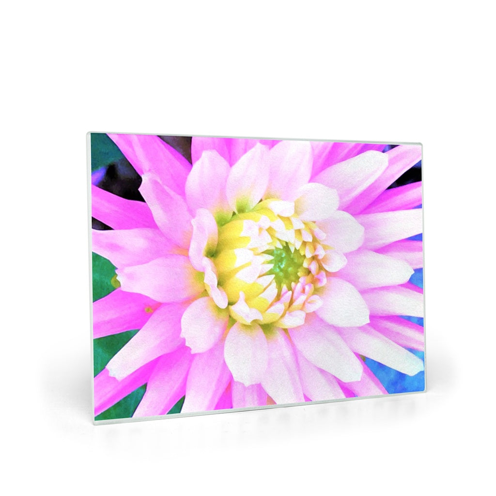Glass Cutting Board, Pretty Pink, White and Yellow Cactus Dahlia Macro