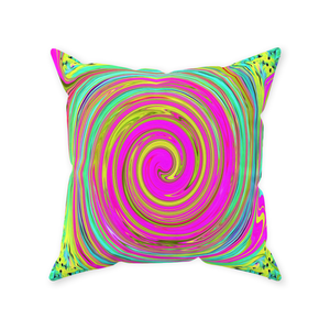 Decorative Throw Pillows, Groovy Abstract Pink and Turquoise Swirl with Flowers, Square