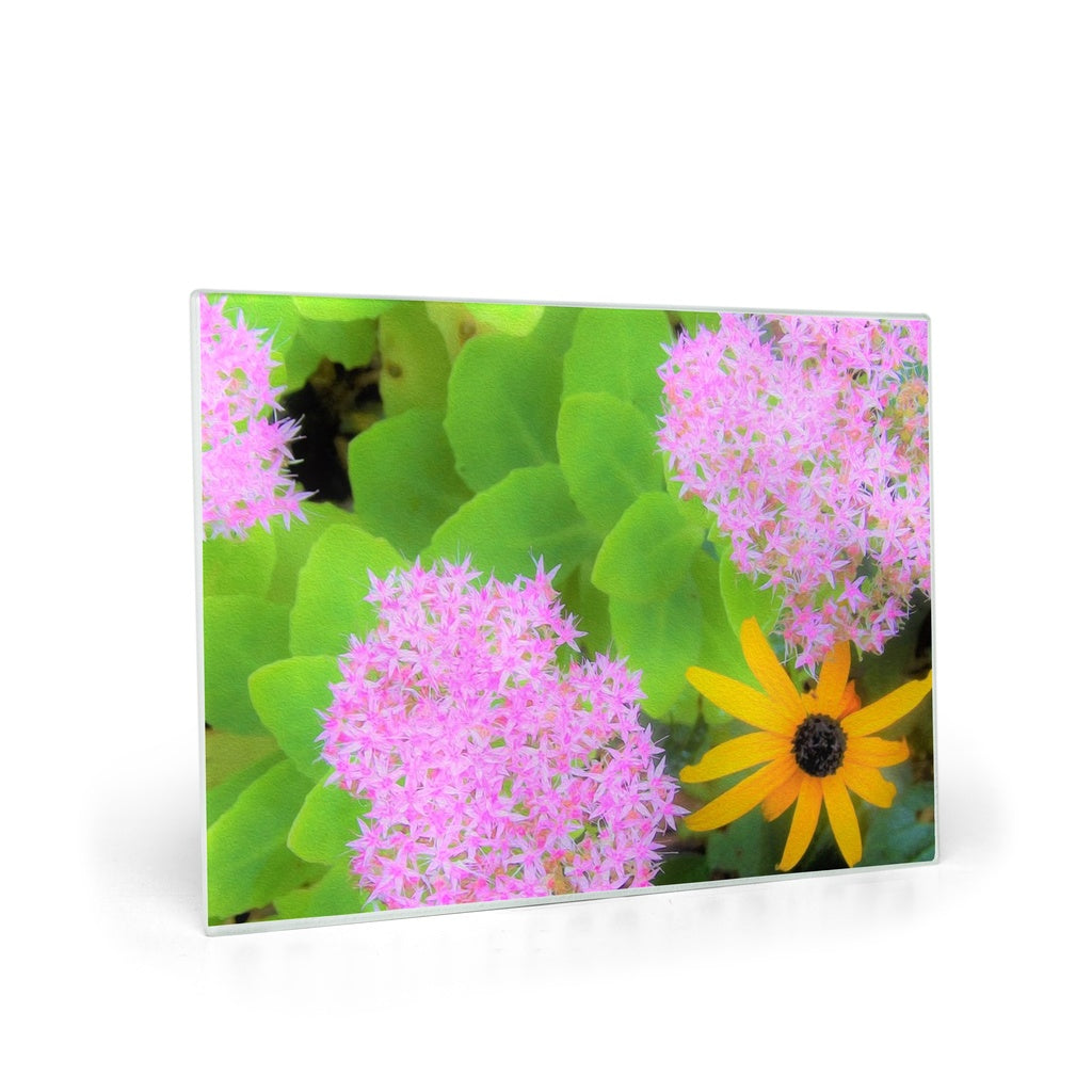 Glass Cutting Boards, Succulent Hot Pink Sedum and Yellow Rudbeckia
