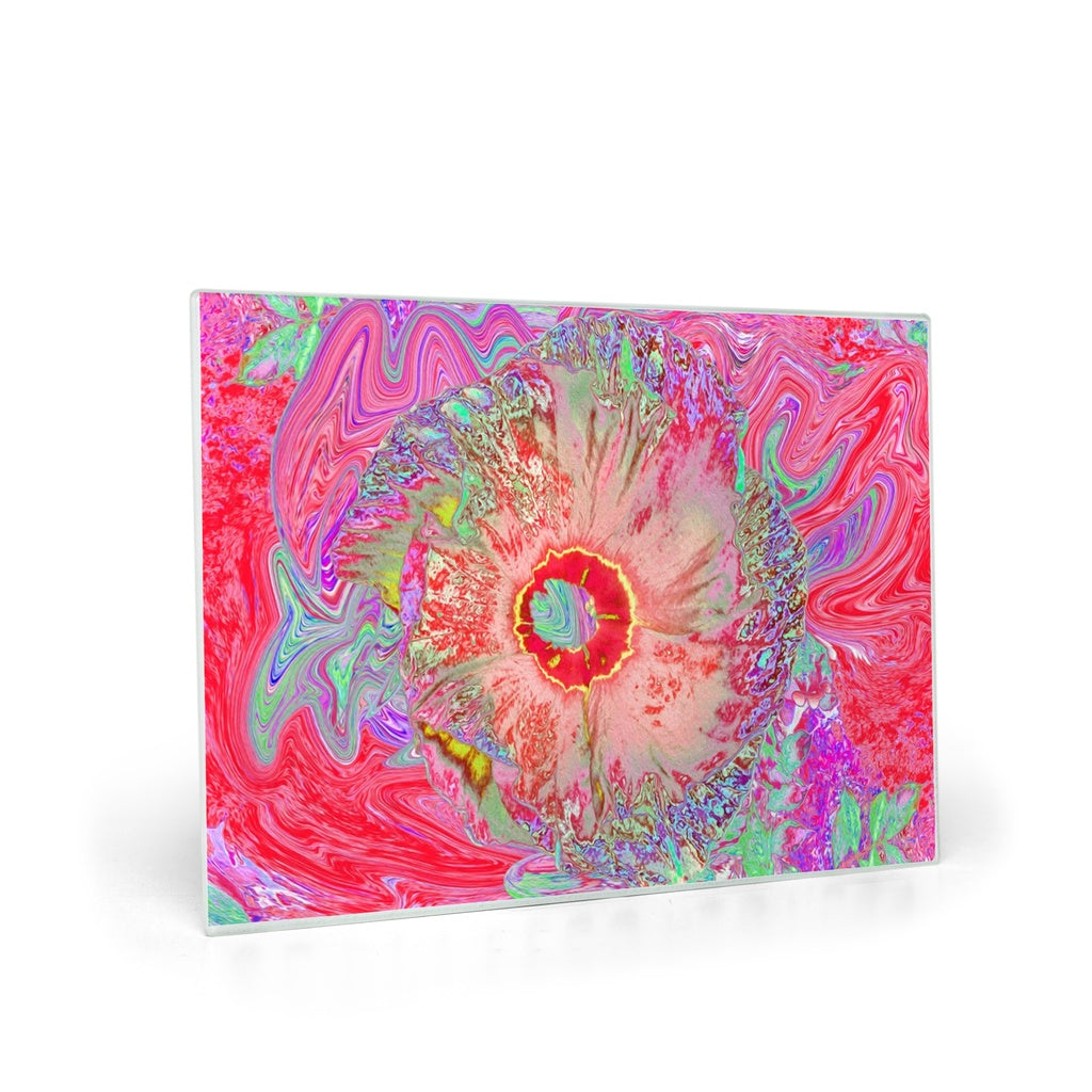 Glass Cutting Boards, Psychedelic Retro Coral Rainbow Hibiscus