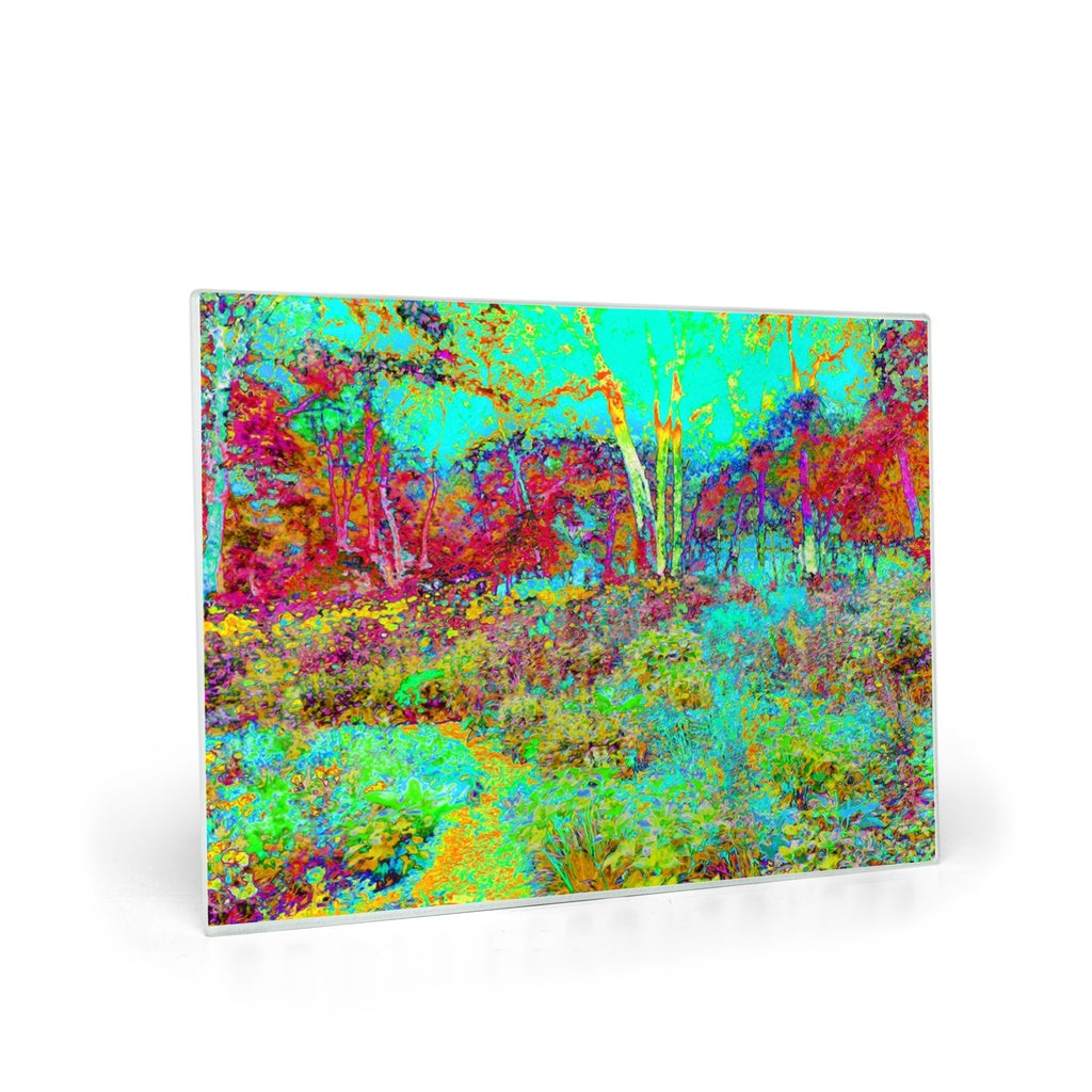 Glass Cutting Boards, Psychedelic Autumn Gold and Aqua Garden Landscape