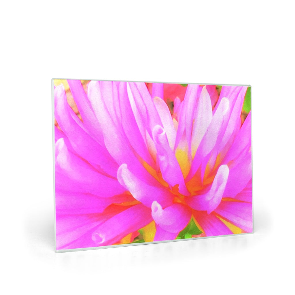 Glass Cutting Board, Fiery Hot Pink and Yellow Cactus Dahlia Flower