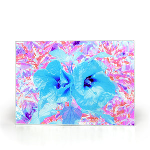 Glass Cutting Board, Two Cool Blue Plum Crazy Hibiscus on Purple