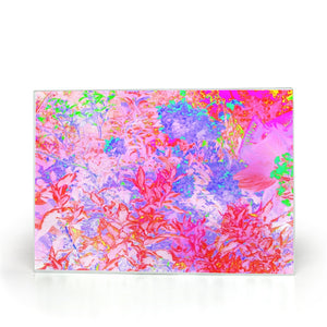Glass Cutting Board, Pastel Pink and Red with a Blue Hydrangea Landscape