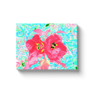 Canvas Wraps, Two Rosy Red Coral Plum Crazy Hibiscus on Aqua