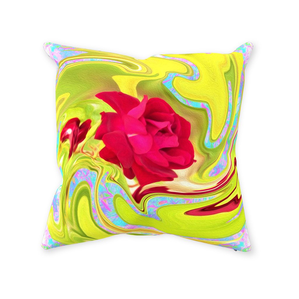 Decorative Throw Pillows, Painted Red Rose on Yellow and Blue Abstract