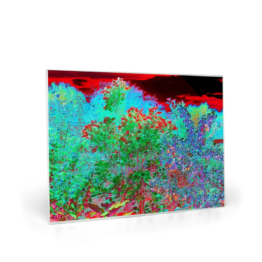 Glass Cutting Boards, Colorful Abstract Foliage Garden with Crimson Sunset