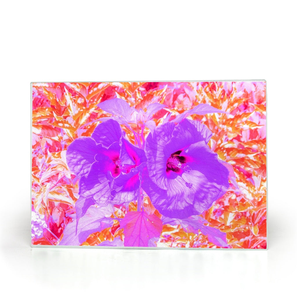 Glass Cutting Board, Two Purple and Hot Pink Plum Crazy Hibiscus