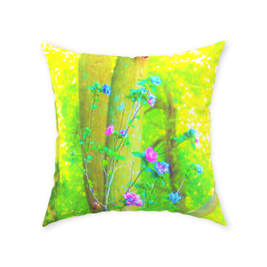 Floral Floor Pillows, Hot Pink Abstract Rose of Sharon on Bright Yellow