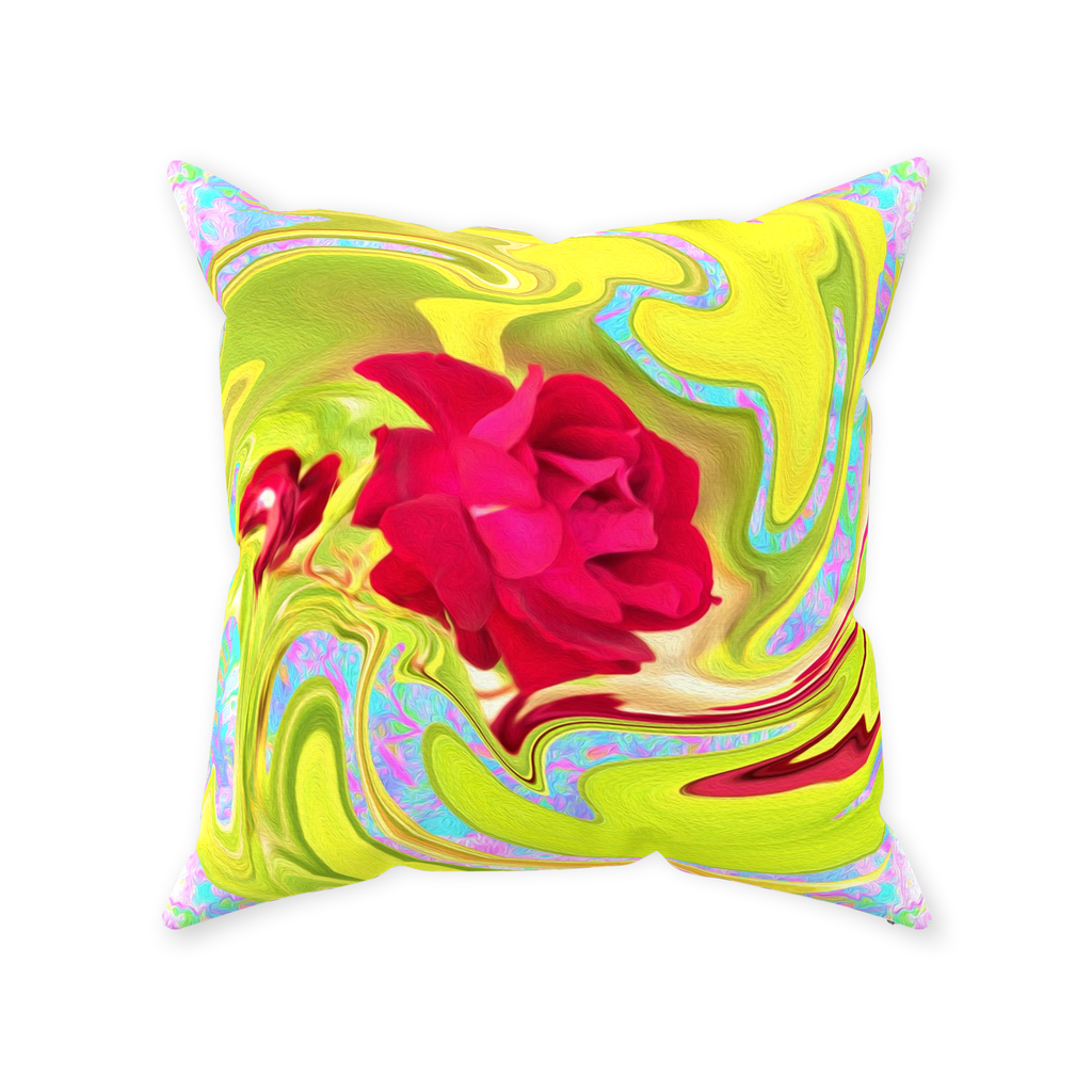 Decorative Throw Pillows, Painted Red Rose on Yellow and Blue Abstract