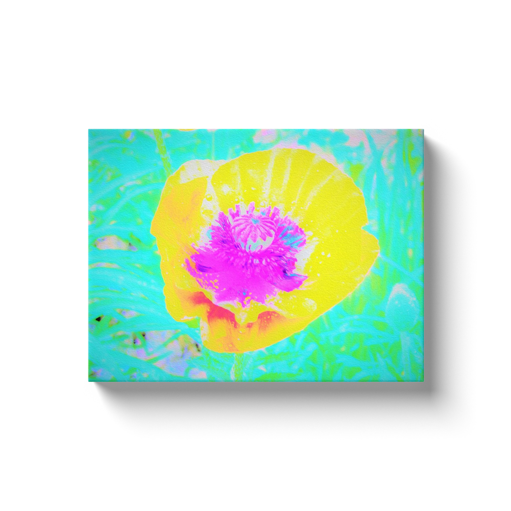 Canvas Wraps, Yellow Poppy with Hot Pink Center on Turquoise