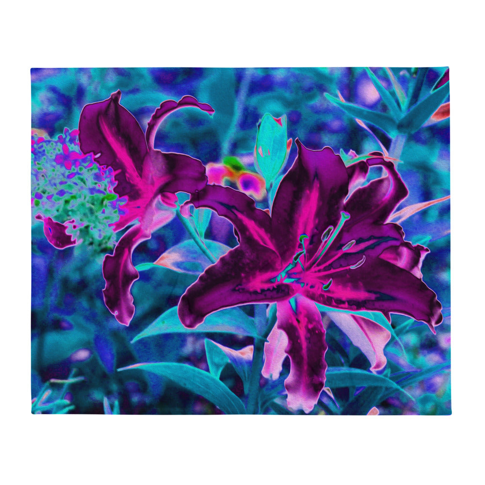 Throw Blankets, Purple and Hot Pink Abstract Oriental Lily Flowers