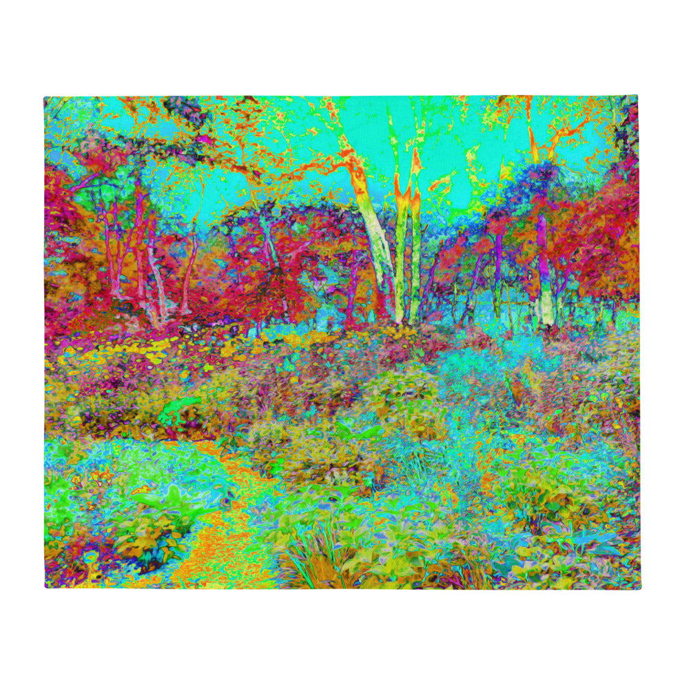 Throw Blankets, Psychedelic Autumn Gold and Aqua Garden Landscape