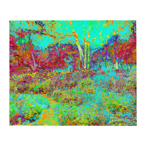 Throw Blankets, Psychedelic Autumn Gold and Aqua Garden Landscape