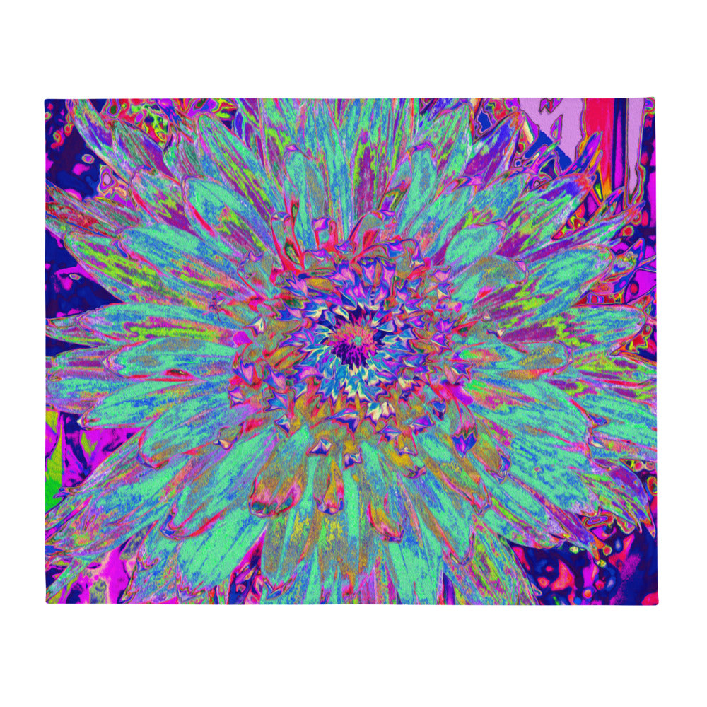 Throw Blankets, Aquamarine Rainbow Color Abstract Dahlia Flower