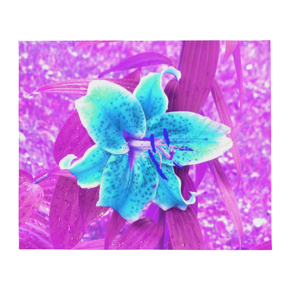 Throw Blankets, Pretty Aqua Blue Stargazer Lily on Purple